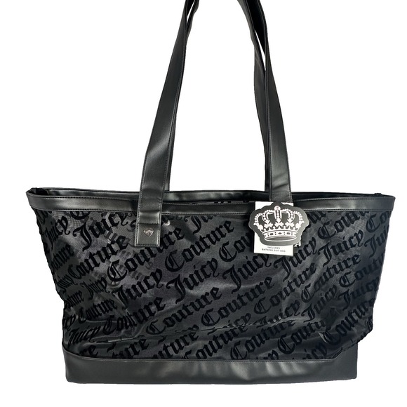 Juicy Couture Handbags - Juicy Couture Black Mesh Logo Beach Tote Bag W/ Zip Bathing Suit Pouch Goth NWT